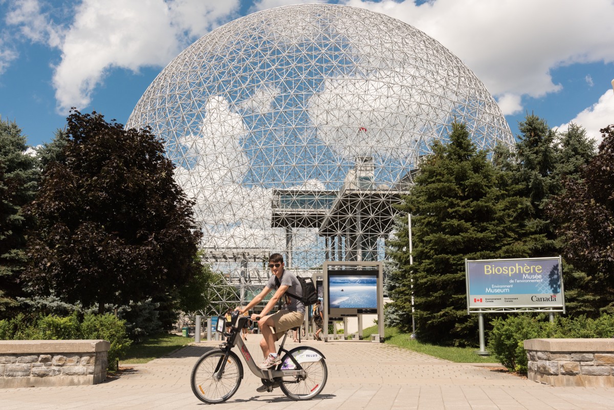 Cycling near the old Expo 67 USA pavilion. The Biosphere bears the signature shape of its architect - Buckminster Fuller.