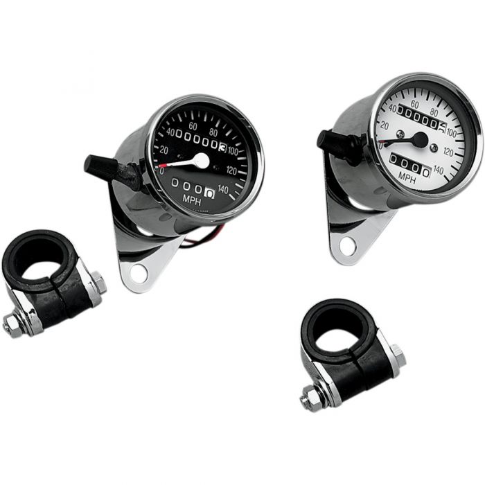 Image of : Drag Specialties 2.4in. Mini Mechanical Speedometer 140 mph - 2:1 Ratio - White Face with Tripmeter - DS-243836